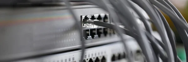 Оптические Сетевые Кабели Подключенные Главному Серверу Крупным Планом Концепция Телекоммуникаций — стоковое фото