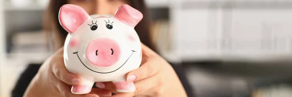 Young Woman Holding Piggy Bank Hands Pink Pig Piggy Bank — Fotografia de Stock
