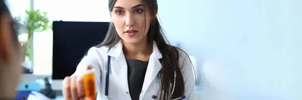 Female Medicine Doctor Hand Hold Jar Pills Clinic Medicines Concept — Foto Stock