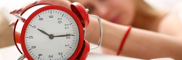 Young Woman Wakes Morning Alarm Clock Early Awakening Fatigue Concept — Foto de Stock