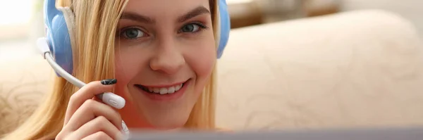 Portrait Happy Young Caucasian Woman Headphones Talking Online Client Digital — Fotografia de Stock
