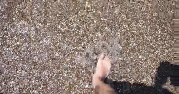 Closeup Male Legs Forward Pebble Beach Clear Sea Relaxing Walk — 비디오