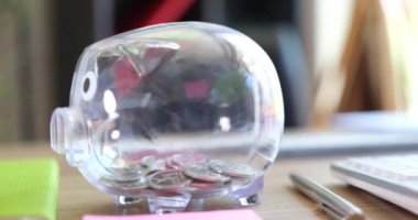 Coins and dollars are added to glass piggy bank. Accumulation of financial investments and income from savings