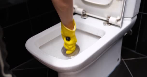 Woman Rubber Gloves Cleans Toilet Brush Cleaning Cleaning Plumbing Concept — Stock video
