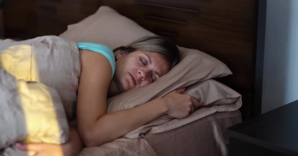 Bright Sunlight Wakes Young Woman Bed Positive Morning Awakening Concept — Vídeo de Stock