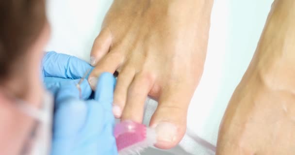 Hardware Pedicure Procedure Client Feet Closeup Removed Cuticle Toenails Concept — Stockvideo