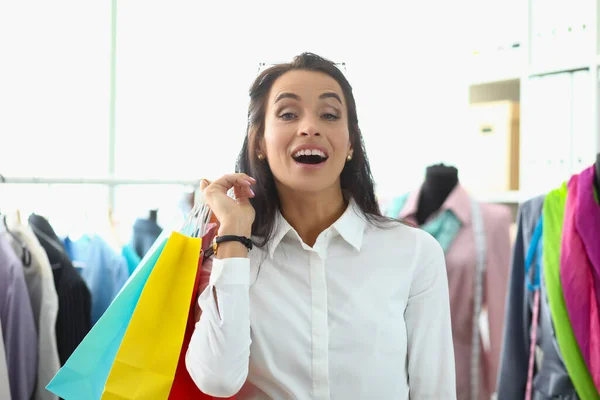 Joyful Shopping Woman Holding Shopping Bags Beautiful Happy Shopper Shopping — стоковое фото