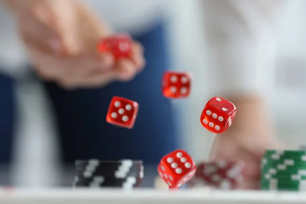 Five Red Dice Discarded Hand Gambling Roulette Concept — Stockfoto