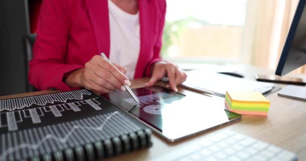 Female Hands Tablet Financial Indicators Marketer Puts Arrows Financial Growth — стоковое видео