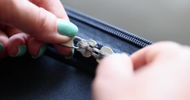 Womens Hands Open Lock Zipper Blue Fabric Close Repair Clothes — Video