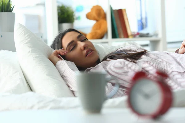 Closeup Red Alarm Clock Calm Peaceful Young Woman Sleeping Bed — Stock Photo, Image