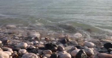 Gündüz vakti taş ve dalgalarla dolu çakıl taşı plajı. Suya yakın küçük taşlar ve dalgalar kıyıdaki taşları yıkıyor.