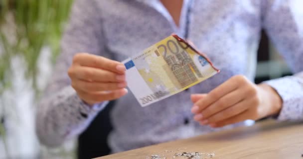 Kétszáz Eurobankjegy Elégetése Női Kézben Uniós Pénzelégetési Koncepció — Stock videók