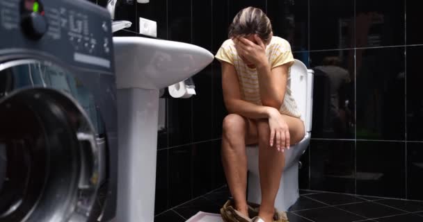 Young Woman Crying Pain While Sitting Toilet Intestinal Problems Constipation — Stock Video