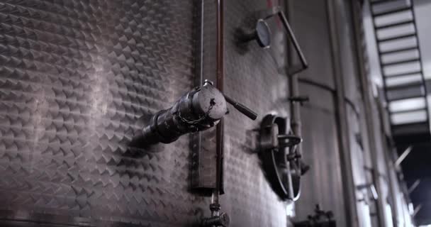 Промисловий Кран Нержавіючої Сталі Використовується Сучасному Виноробстві Промислове Обладнання Очищення — стокове відео
