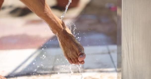 Mężczyzna Myje Stopy Piasku Pod Prysznicem Plaży Zbliżenie Letni Prysznic — Wideo stockowe