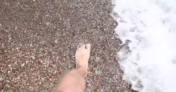 男は海岸の岩場を裸足で歩く 海岸沿いを歩く — ストック動画