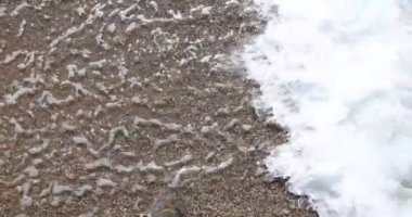 Yavaş çekim video beyaz köpük dalgası güneşli bir günde deniz kenarındaki çakıl taşlarında kıyıya vurur.