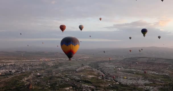 Panoramiczny Krajobraz Kolorowymi Balonami Gorące Powietrze Wznoszącymi Się Niebo Lot — Wideo stockowe