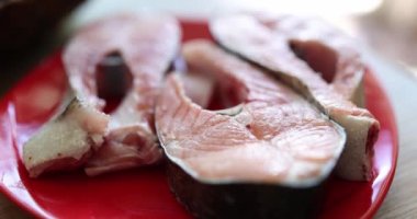 Tabaktaki protein zengini somon etinin taze dilimleri. Somon balığının faydaları