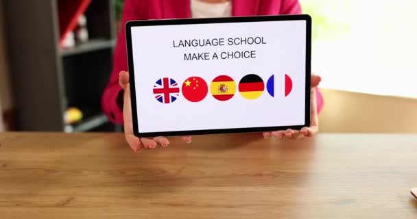 Woman Holds Tablet Chooses Foreign Language Study Applications Learning Foreign — Stock Video