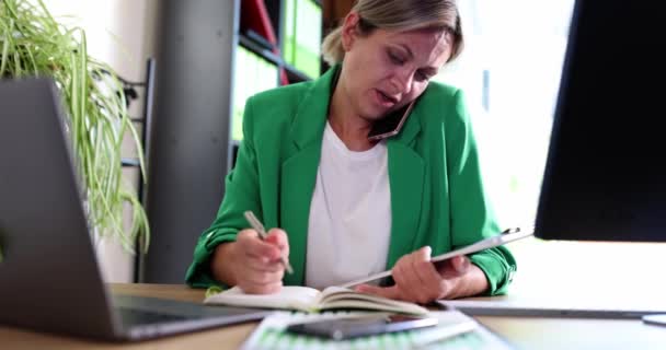 Mujer Negocios Seria Hablando Por Teléfono Móvil Lugar Trabajo Oficina — Vídeos de Stock