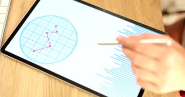 İş kadınlarının elinin, aylık kâr analizi için istatistiksel veri ekranında stilus kullanması. İş ve mali konsept analizleri