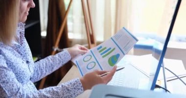 İş kadınının elinde dosya özetini gösteren belgeler var ve finans hesapları yapıyor. Mali rapor analizi ve istatistikleri