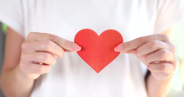 Frau Hält Rotes Herz Großaufnahme Auf Papier Gezeichnet Valentinstag Und — Stockvideo