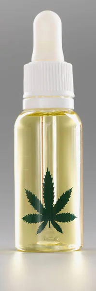 Nahaufnahme Einer Flasche Mit Flüssigem Cannabisöl Einer Gesunden Hanfpflanze Zur — Stockfoto