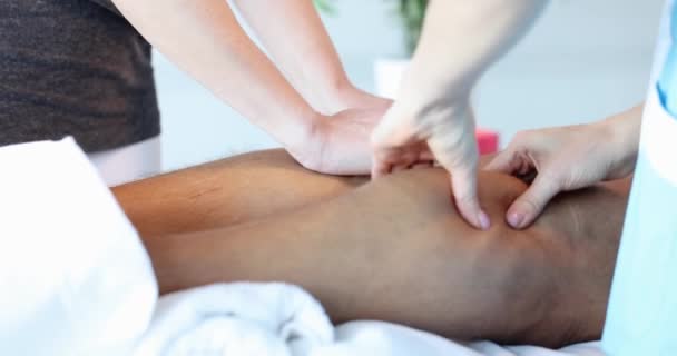 Masseuse Massaging Man Calves Spa Calf Muscle Treatment Concept — Stock Video