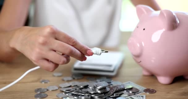 Woman Holding Electrical Plug Connector Piggy Bank Energy Saving Concept — Stock Video