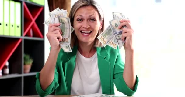 Joyful Successful Rich Girl Holding Money Office Businesswoman Getting Wad — Stock Video