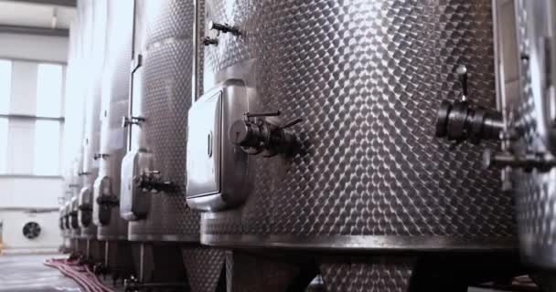 葡萄酒生产用的是大容量不锈钢发酵器 酒窖和木制酒桶中的大罐 — 图库视频影像