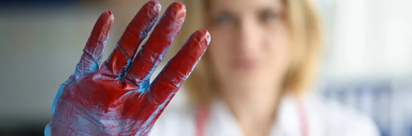 Doctor Showing Stop Gesture Gloved Hand Blood Closeup Treatment Gastrointestinal — Stock Photo, Image