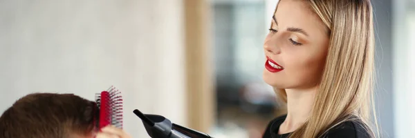 Attractive Woman Hairdresser Doing Blow Drying Man Close Stylish Haircut — Stock Photo, Image