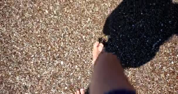 Los Pies Del Hombre Caminan Descalzos Playa Arena Mar Caminar — Vídeos de Stock
