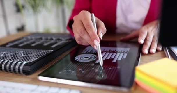 Kvinna Arbetar Med Grafik Tablett Hand Med Stylus Närbild Interaktiva — Stockvideo