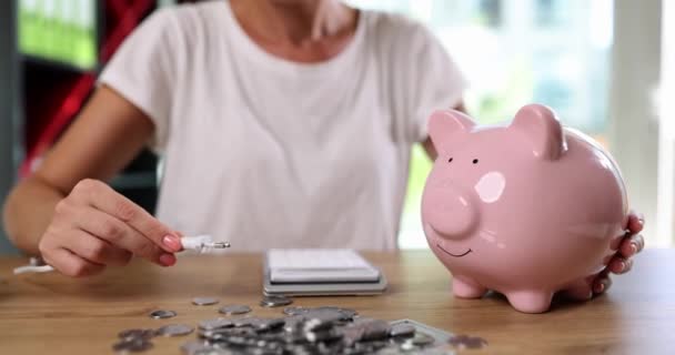 Eine Frau Steckt Einen Stecker Mit Draht Ein Rosafarbenes Sparschwein — Stockvideo