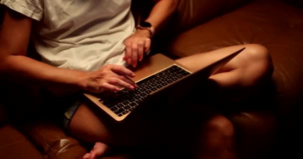 在笔记本电脑上打字的女学生在家里沙发上授课 在笔记本电脑键盘上打字和自由职业工作的妇女 — 图库视频影像