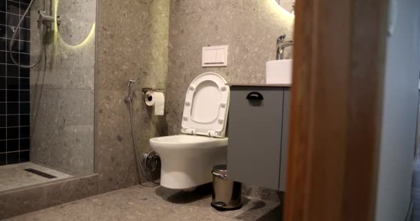 グレーの色調で豪華なミニマリストのバスルームデザイン 近代的なバスルームと衛生用品 — ストック動画