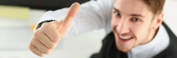 Top View Male Showing Thumbs Sign Hand Cheerful Office Worker — Stock Photo, Image