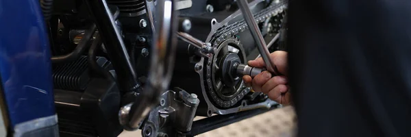 Close Handyman Mechanic Repairing Part Motorbike Transport Wrench Equipment Pit — Stock Photo, Image