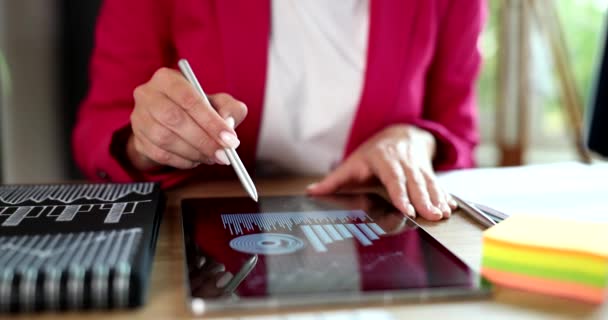 Gerente Estudando Gráfico Tablet Digital Fazendo Anotações Com Stylus Closeup — Vídeo de Stock