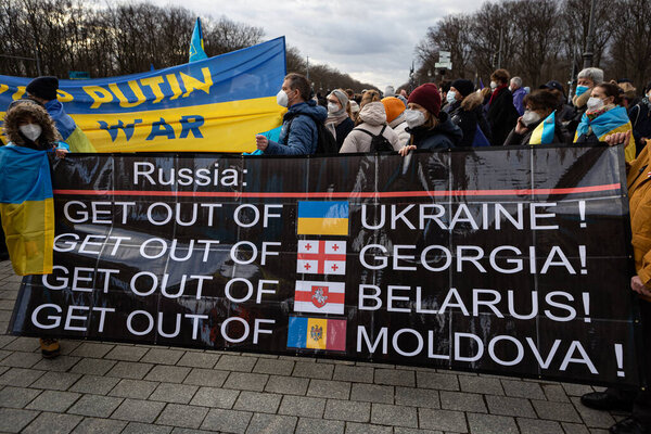 Berlin, Germany - February 19 2022: The demonstration in front of the Brandenburg Gate in support of Ukraine and against the Russian aggression. Protesters against Russia's war in Donbas, Ukraine.