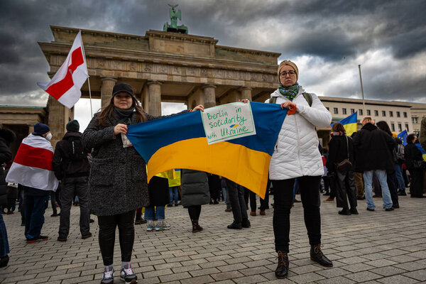 Berlin, Germany - February 19 2022: The demonstration in front of the Brandenburg Gate in support of Ukraine and against the Russian aggression. Protesters against Russia's war in Donbas, Ukraine.
