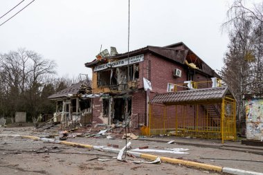 Borodiankal, Ukrayna - 6 Nisan 2022: Rus ordusu tarafından bombalandıktan ve işgalden sonra şehir