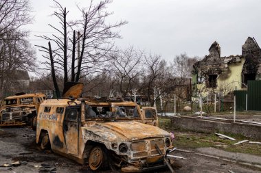 Borodianka, Ukrayna - 6 Nisan 2022: Rus ordusu tarafından bombalandıktan ve işgalden sonra şehir