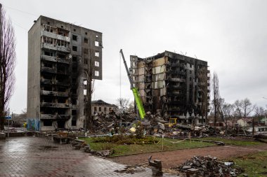 Borodianka, Ukrayna - 6 Nisan 2022: Rus ordusu tarafından bombalandıktan ve işgalden sonra şehir