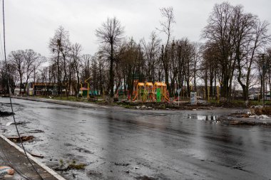 Borodianka, Ukrayna - 6 Nisan 2022: Rus ordusu tarafından bombalandıktan ve işgalden sonra şehir